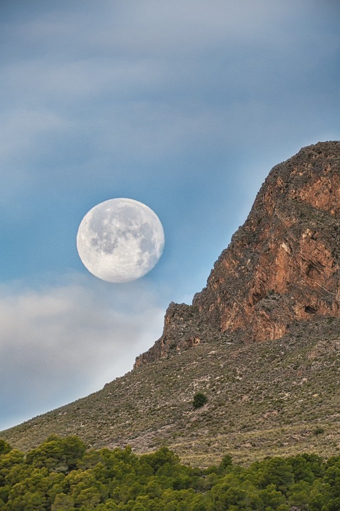 mountain, moon, sky